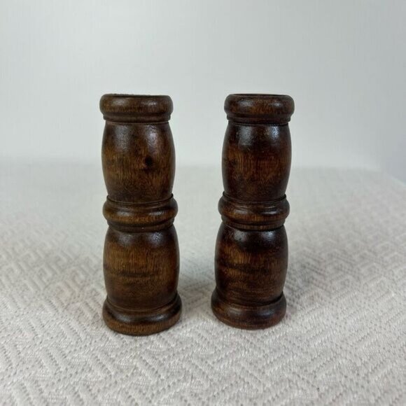 Vintage Carved Handmade Wooden Pair Two 2 MCM Boho Candle Holders Brown Retro - Picture 7 of 10